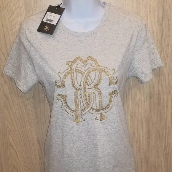Cavalli grey cotton T-shirt gold embroidery logo L - Picture 8 of 8